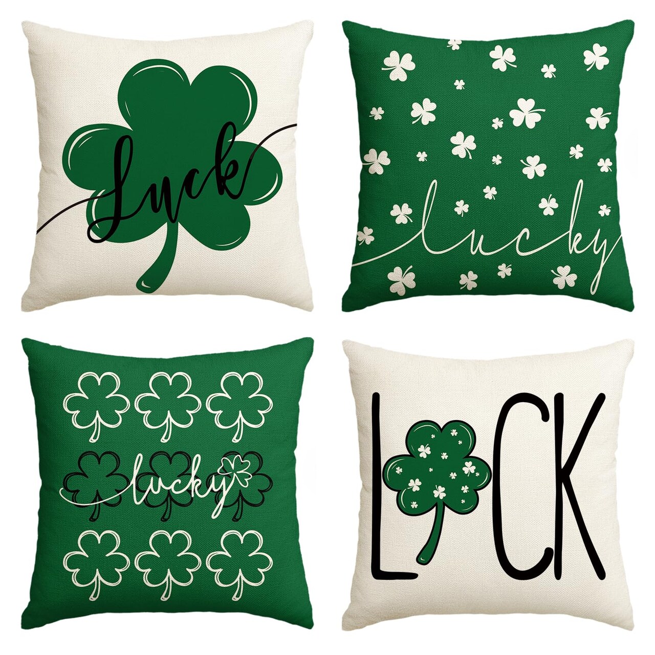 St Patrick's Day Lucky Clover Throw Pillow Covers, 18 x 18 Inch Green Luck Decoration for Sofa Couch Set of 4